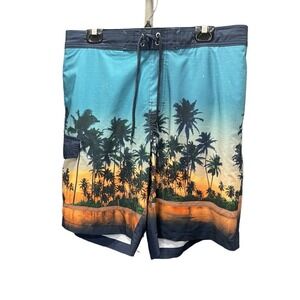 Mens Tropical Palm Tree Sunset Print Board Shorts Swim Trunks Blue Orange Large